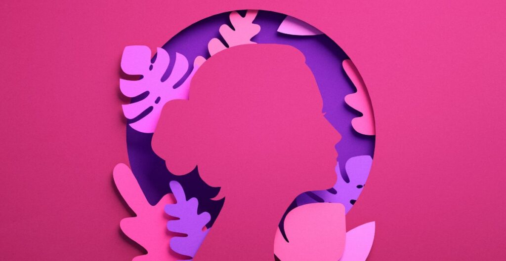 Ilustração de mulher com fundo rosa e roxo simbolizando sororidade