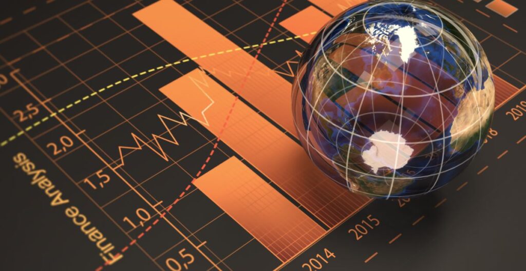 Gráfico de análise financeira global com um globo terrestre, representando desafios e oportunidades em negócios globais.