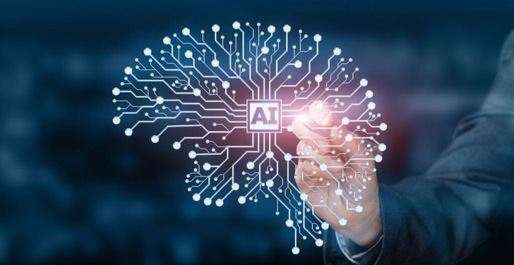 Representação digital de um cérebro com circuitos e a sigla "AI" no centro, simbolizando inteligência artificial e inovação tecnológica.