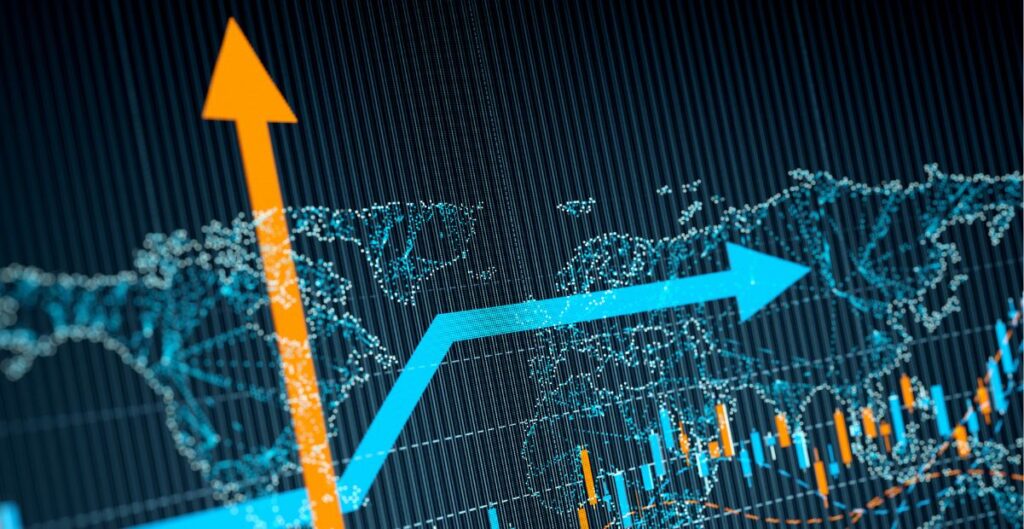 Gráfico digital com setas ascendentes representando crescimento e tendências de mercado para 2025.