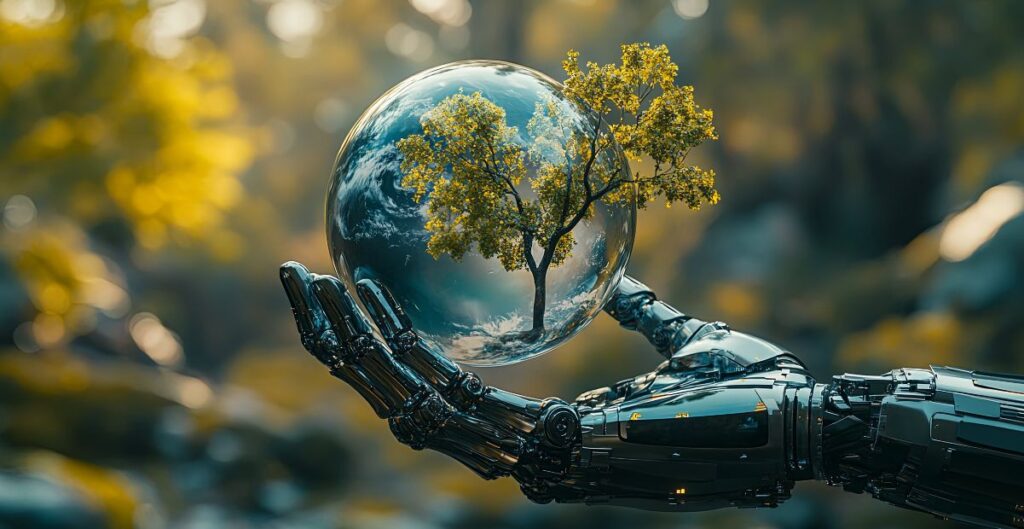 Mão robótica segurando uma esfera transparente com uma árvore dentro, representando a relação entre inteligência artificial e sustentabilidade.