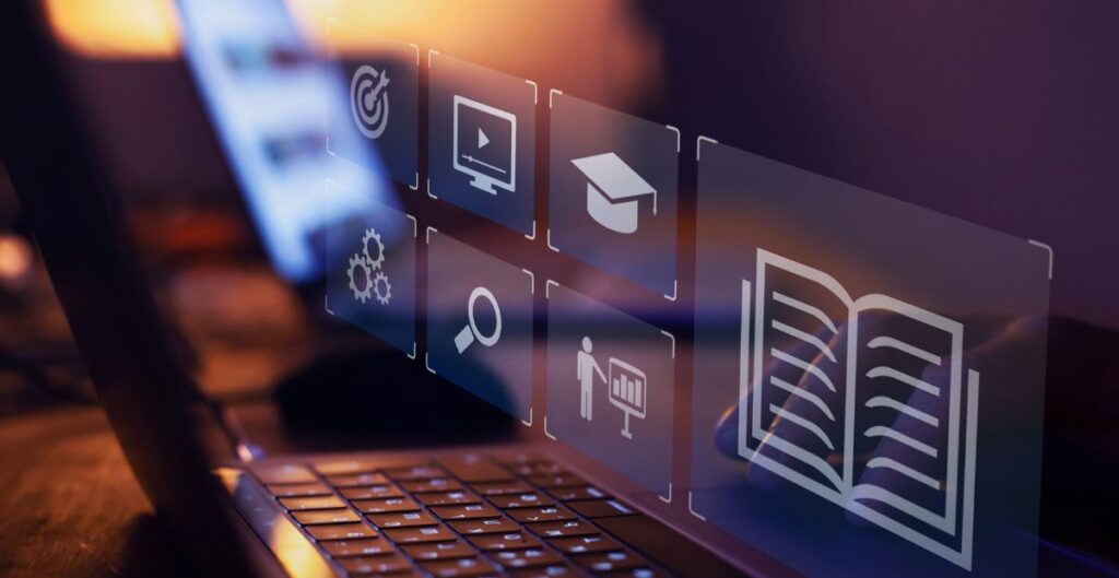 Tela de notebook com ícones digitais de educação, livro, vídeo e busca, representando etiqueta, gentileza e comunicação no ambiente digital.