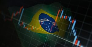 Impactos da guerra na economia brasileira com gráfico de mercado sobreposto à bandeira do Brasil.