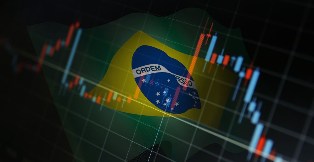 Impactos da guerra na economia brasileira com gráfico de mercado sobreposto à bandeira do Brasil.