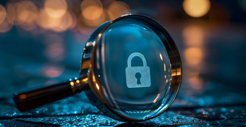 Imagem de uma lupa focando em um cadeado digital, representando proteção de dados e direito à privacidade.