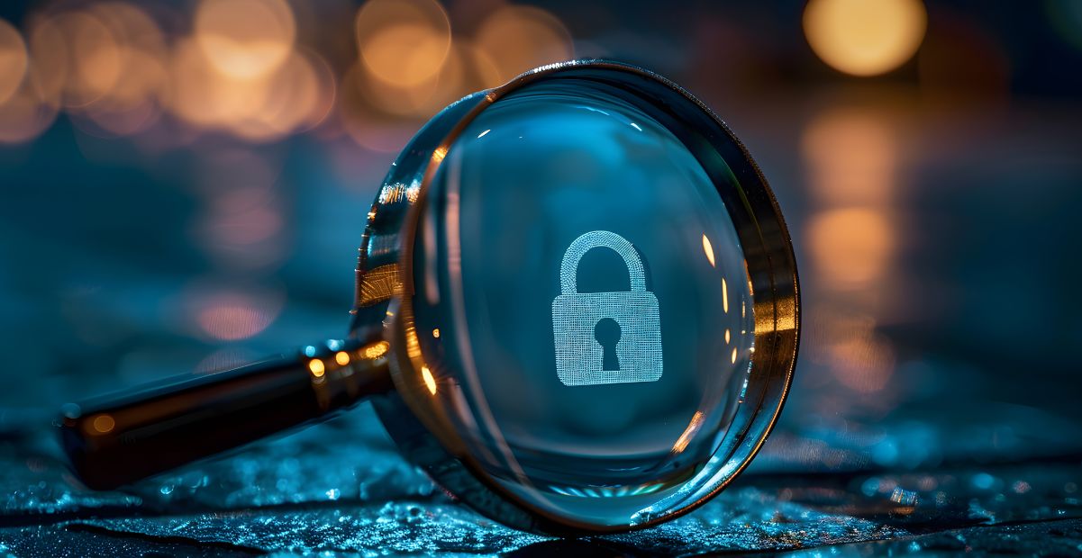 Imagem de uma lupa focando em um cadeado digital, representando proteção de dados e direito à privacidade.