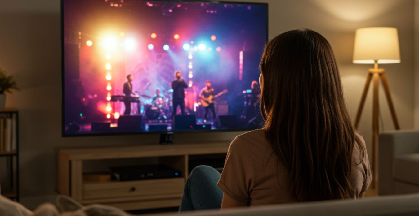 Mulher assistindo show musical pela televisão em casa, representando a experiência de reviver memórias emocionais através da música.